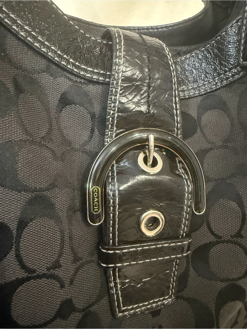 Coach Black Signature Soho Hobo Canvas Shoulder Bag with Buckle Detail